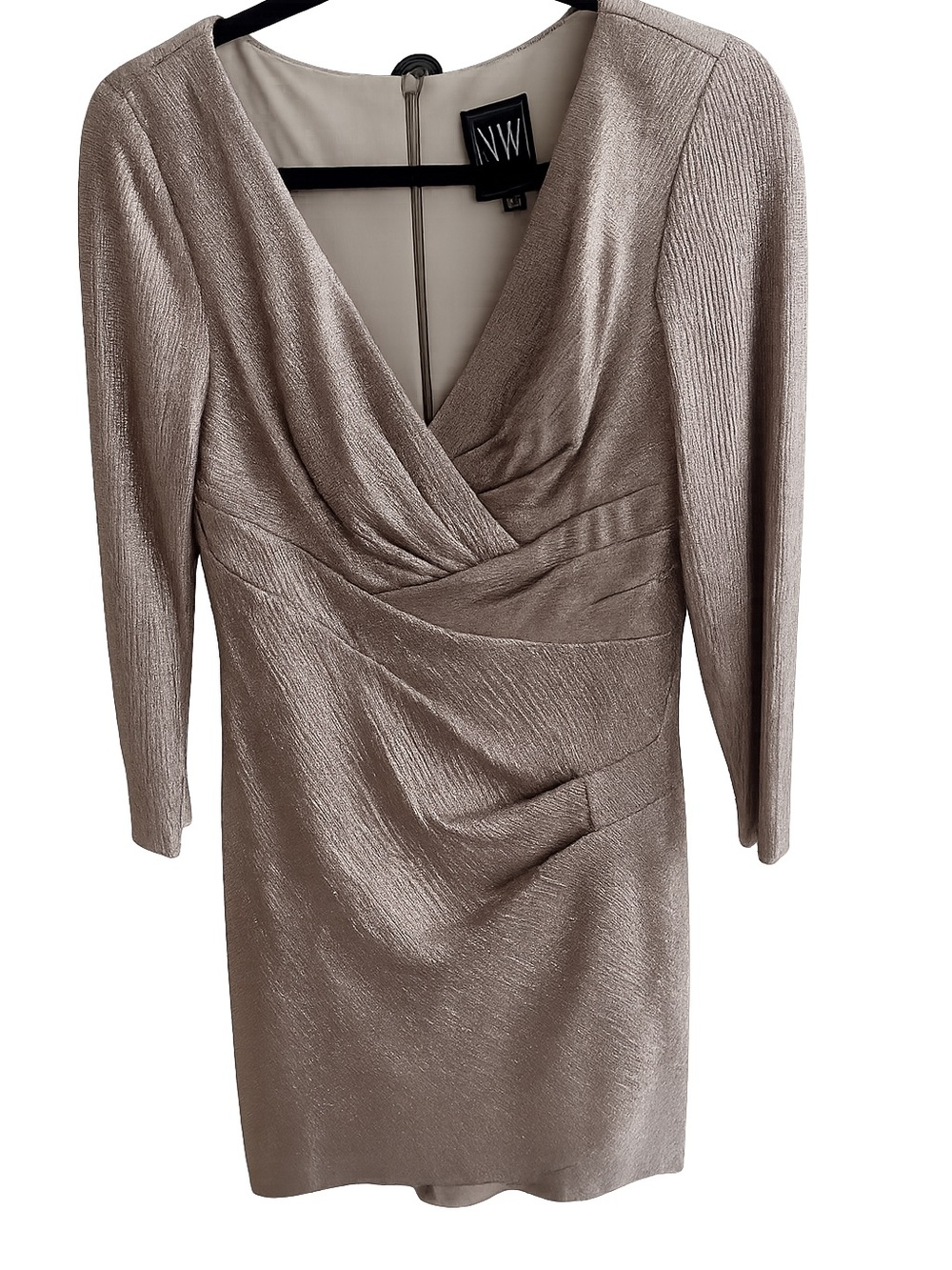 Metallic Rose Gold Long Sleeve Draped Dress Size 8